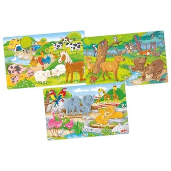 Set van 3 legpuzzeltjes - Zoo - Boerderij - Bos | Goki