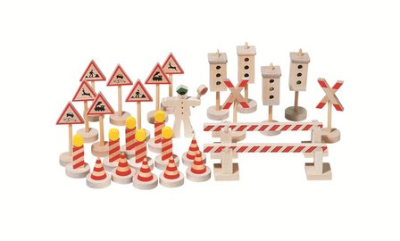 Goki - Set van 29 houten verkeerstekens