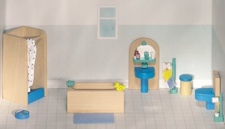 Goki - Houten poppenhuis meubels - Blauwe badkamer 17-delig