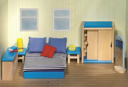 Goki - Houten poppenhuis meubels - Blauw slaapkamer 14-delig