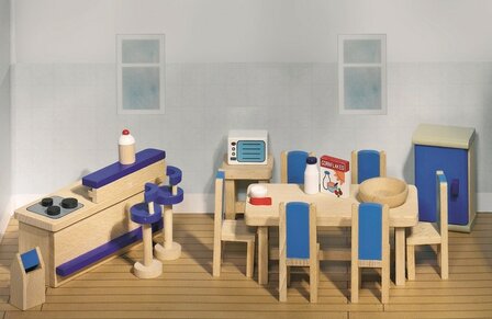 Goki - Houten poppenhuis meubels - Blauwe keuken 30-delig