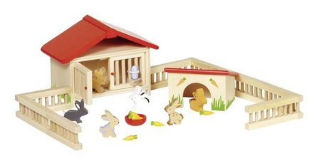 Goki - Houten poppenhuis konijnenren met konijnen en wortelen