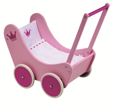 Goki - Houten poppenwagen met beddengoed - Roze
