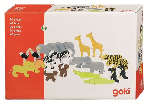 Goki - Set van 20 Afrikaanse dieren van hout.