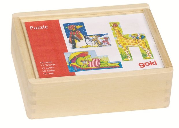 Goki - Houten blokpuzzel met 12 blokken in een kistje - Grappige dieren